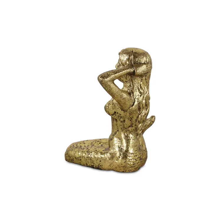 6" Antiqued Brass Cast Iron Mermaid Hand Painted Statue Tabletop Sculpture