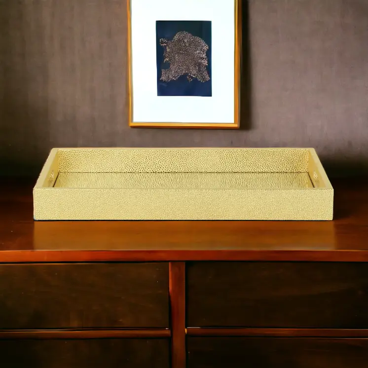 16" Gold Rectangular Wood Handmade Tray With Handles