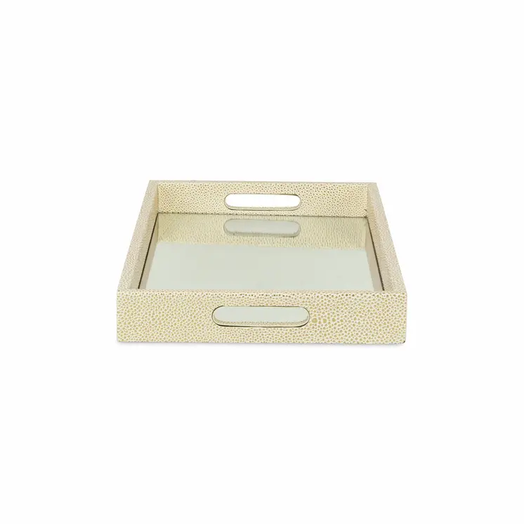 16" White Gold Rectangular Wood Handmade Tray With Handles
