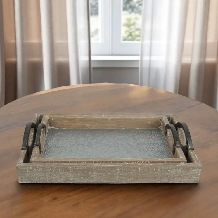 Set of Two Gray Metal Handmade Serving Tray With Handles