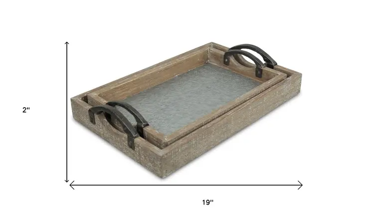 Set of Two Gray Metal Handmade Serving Tray With Handles
