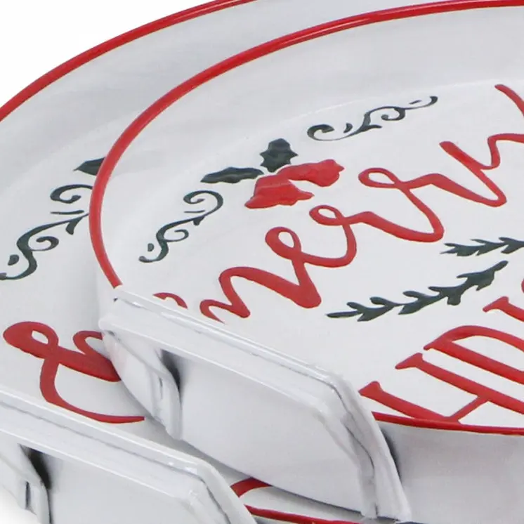 Set of Two White Round Metal Christmas Handmade Serving Tray With Handles