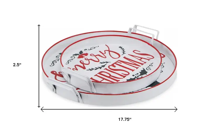 Set of Two White Round Metal Christmas Handmade Serving Tray With Handles
