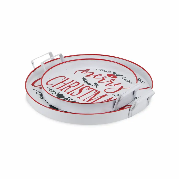 Set of Two White Round Metal Christmas Handmade Serving Tray With Handles