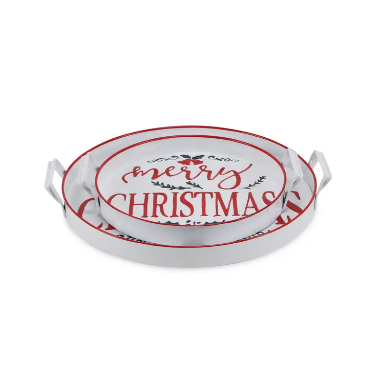 Set of Two White Round Metal Christmas Handmade Serving Tray With Handles