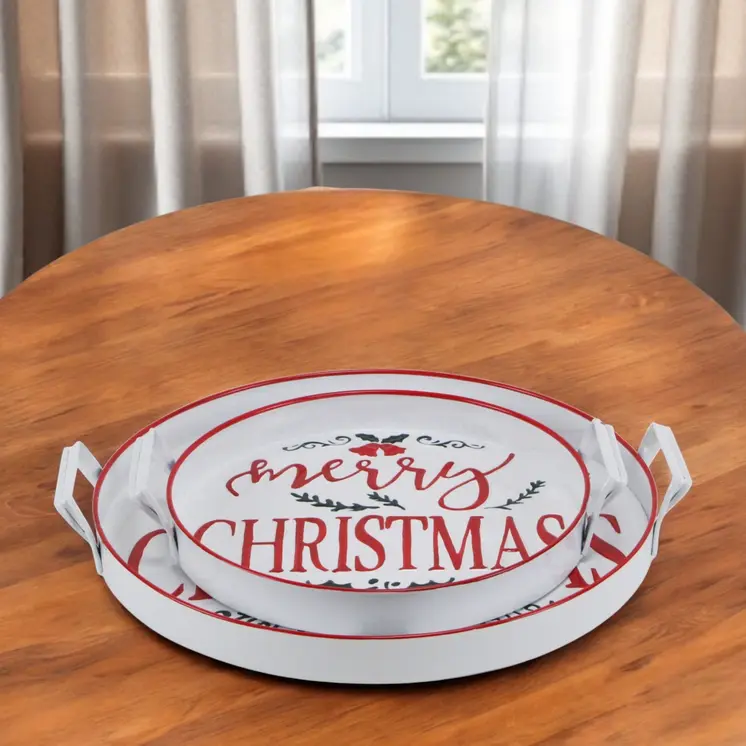 Set of Two White Round Metal Christmas Handmade Serving Tray With Handles