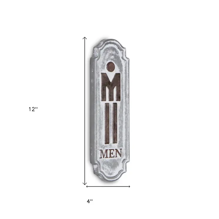 12" X 4" Gray and Brown Handcrafted Mens Room Metal Wall Decor