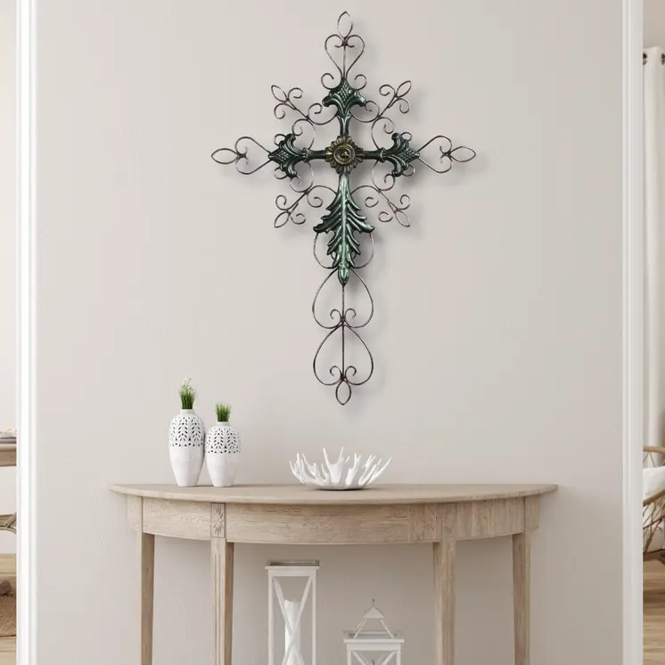 28" Green and Gold Metal Hanging Cross Wall Decor