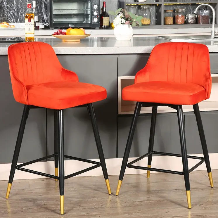 Set of Two 25" Orange And Black and Gold Steel Swivel Low Back Counter Height Bar Chairs