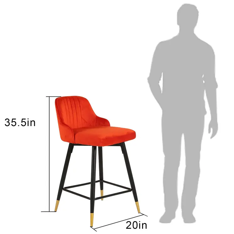 Set of Two 25" Orange And Black and Gold Steel Swivel Low Back Counter Height Bar Chairs