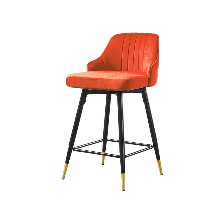 Set of Two 25" Orange And Black and Gold Steel Swivel Low Back Counter Height Bar Chairs