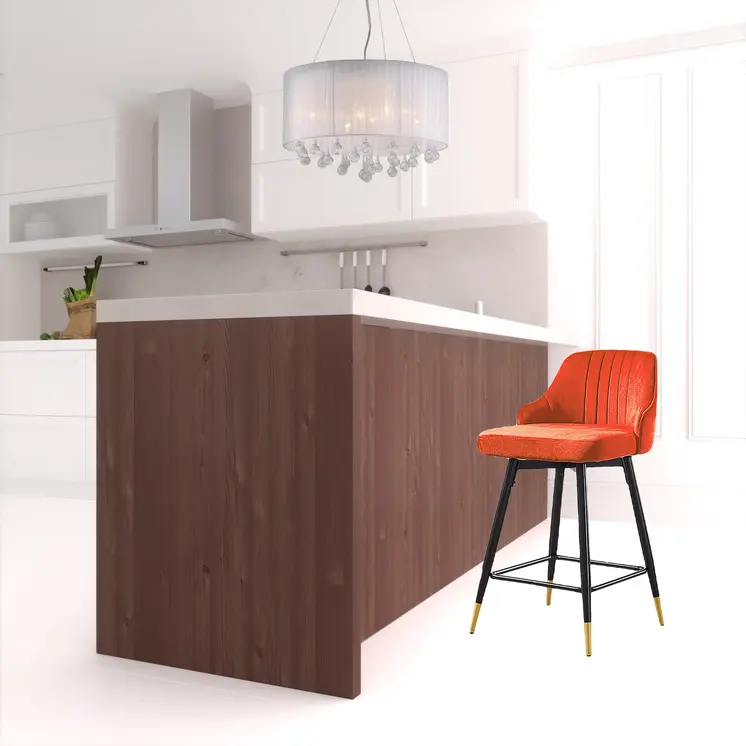 Set of Two 25" Orange And Black and Gold Steel Swivel Low Back Counter Height Bar Chairs