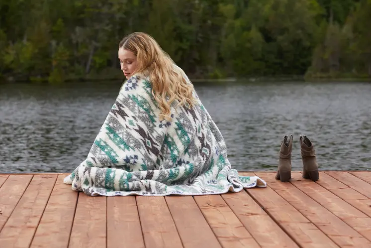 50" X 60" Ivory Gray And Green Faux Sherpa Southwestern Throw Blanket