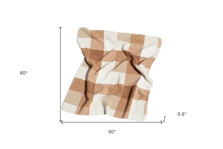50" X 60" Ivory And Taupe Faux Sherpa Plaid Throw Blanket