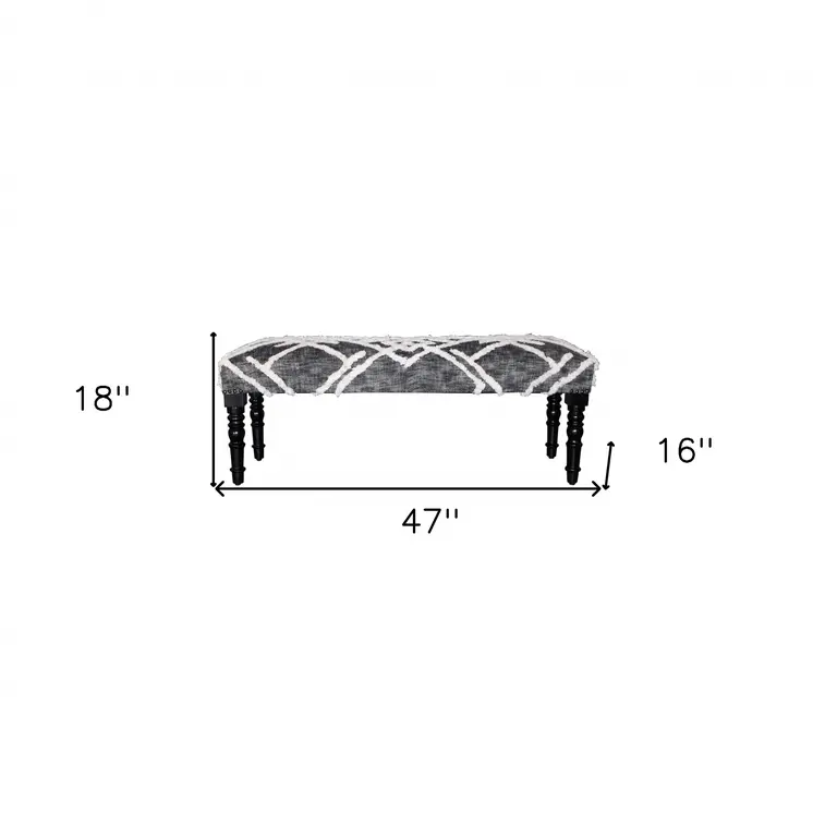 47" Gray And White Geometric Cotton Upholstered Distressed Bench
