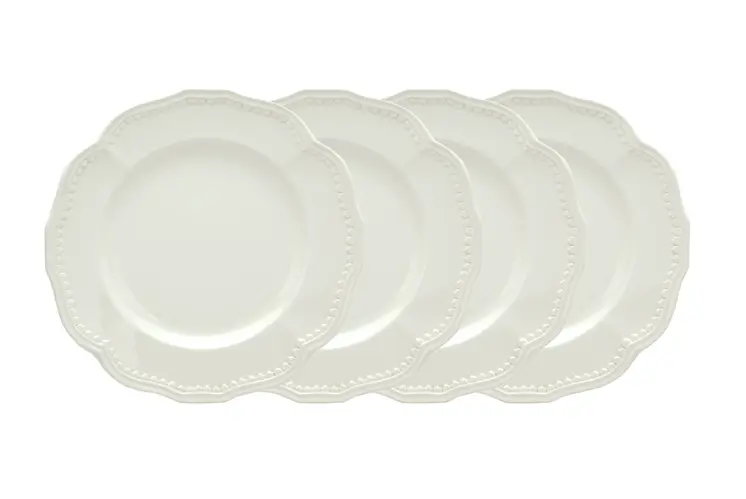 White Four Piece Round Scallop Stoneware Service For Four Salad Plate Set