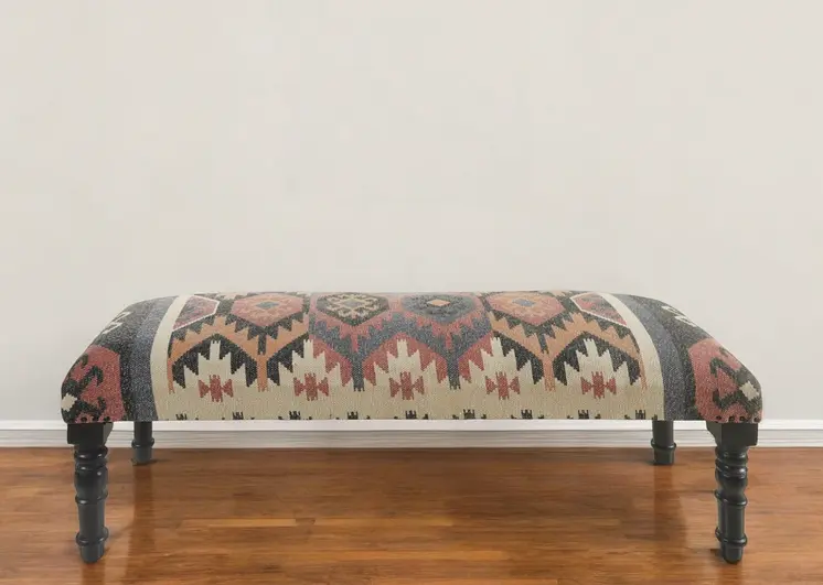 47" Beige Brown and Rust and Black Jute and Wool Blend Upholstered Southwest Distressed Bench