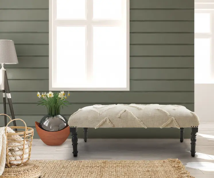 47" Cream and Black Cotton Upholstered Geometric Bench