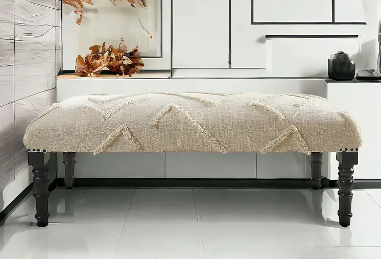 47" Cream and Black Cotton Upholstered Geometric Bench