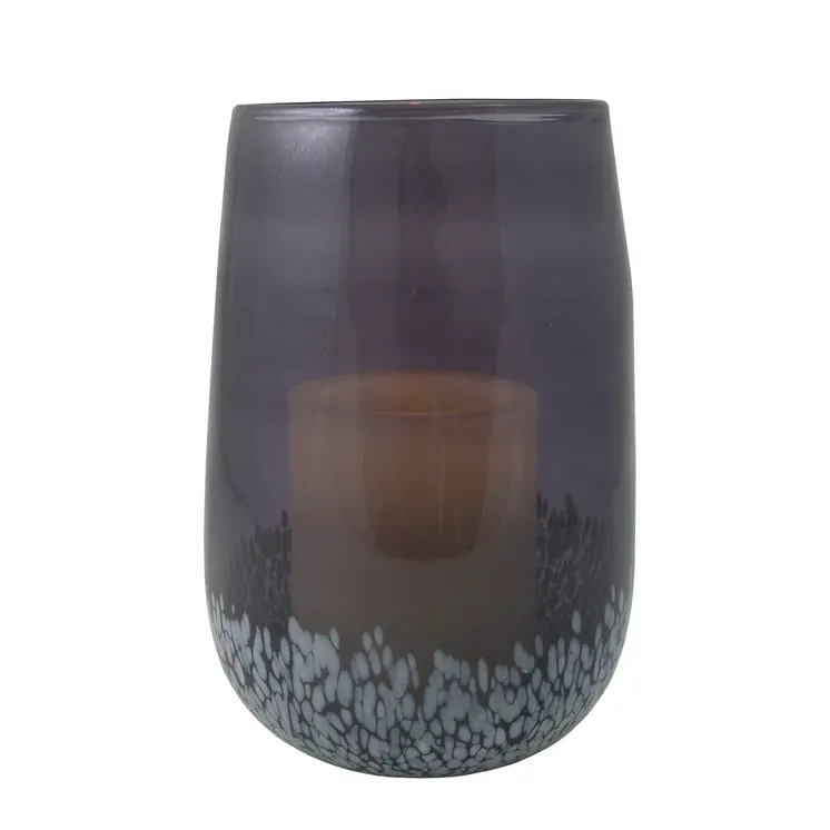 8" Gray And White Glass Tabletop Hurricane Candle Holder With Candle