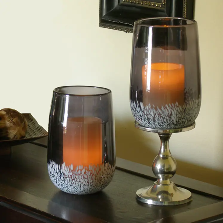 8" Gray And White Glass Tabletop Hurricane Candle Holder With Candle