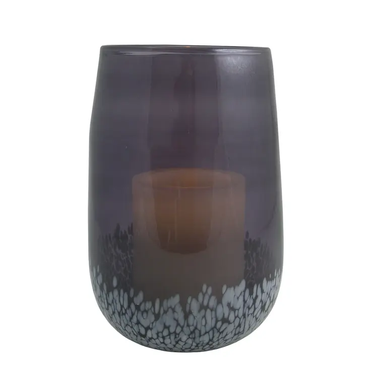 8" Gray And White Glass Tabletop Hurricane Candle Holder With Candle