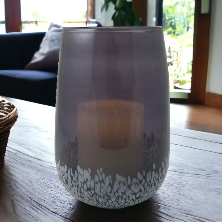 8" Gray And White Glass Tabletop Hurricane Candle Holder With Candle
