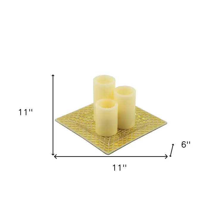 Set of Three Ivory Flameless Pillar Candles With Gold Holder