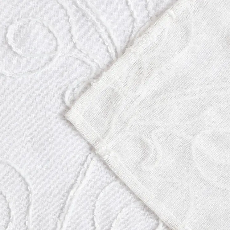 72" White Floral Faux Linen Shower Curtain With Embroidery