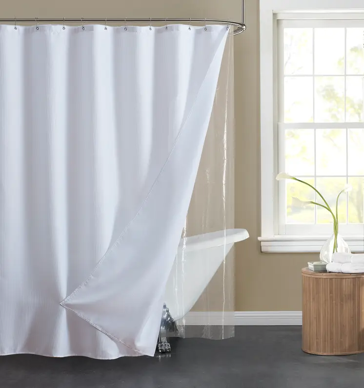 72" White Waffle Weave Fabric Shower Curtain Liner and Hooks Set