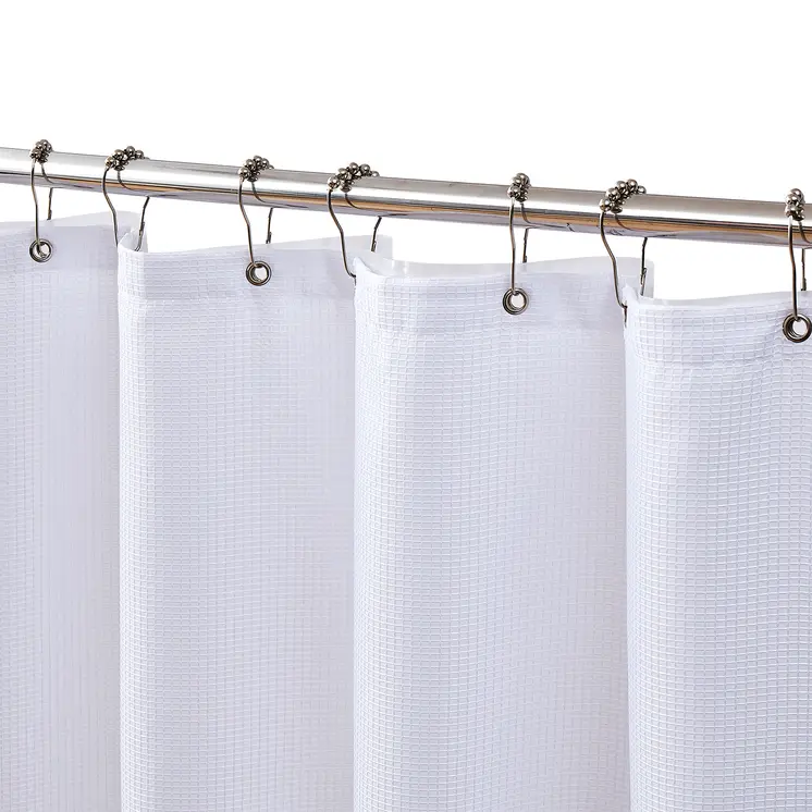 72" White Waffle Weave Fabric Shower Curtain Liner and Hooks Set