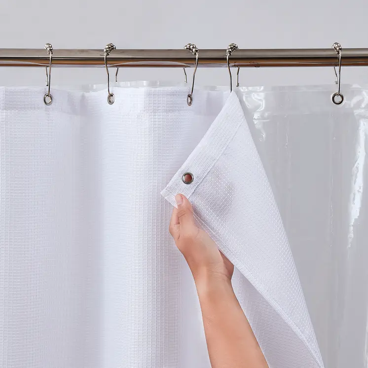 72" White Waffle Weave Fabric Shower Curtain Liner and Hooks Set
