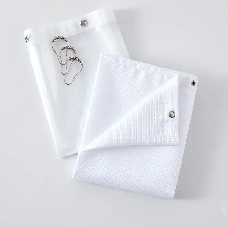 72" White Waffle Weave Fabric Shower Curtain Liner and Hooks Set