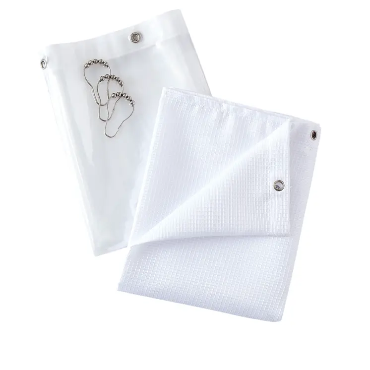 72" White Waffle Weave Fabric Shower Curtain Liner and Hooks Set