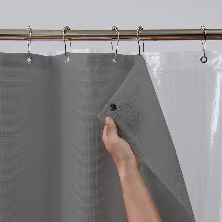 72" Dark Gray Waffle Weave Fabric Shower Curtain Liner and Hooks Set