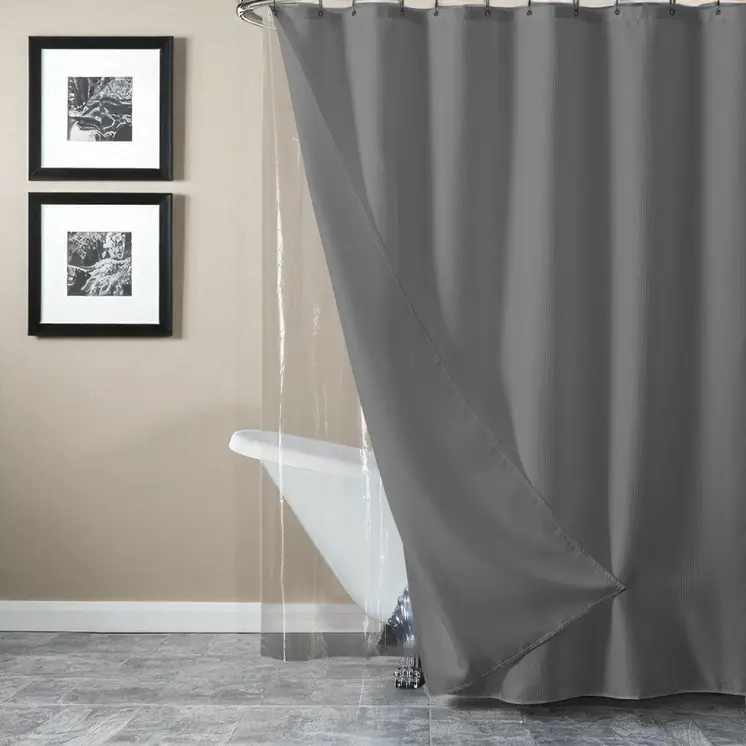 72" Dark Gray Waffle Weave Fabric Shower Curtain Liner and Hooks Set