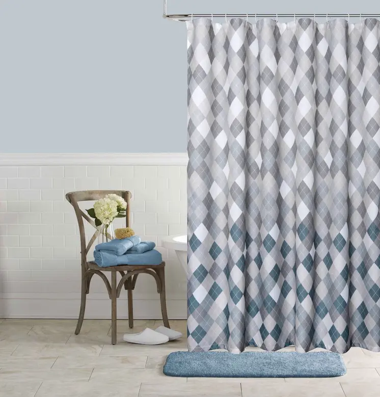 72" Gray And White Argyle Waffle Weave Fabric Shower Curtain and Hooks Set