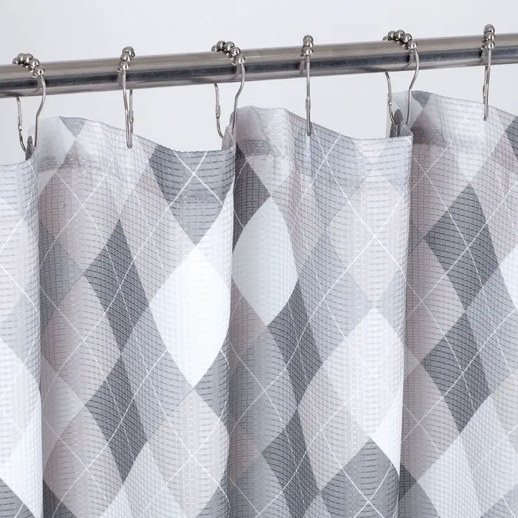72" Gray And White Argyle Waffle Weave Fabric Shower Curtain and Hooks Set