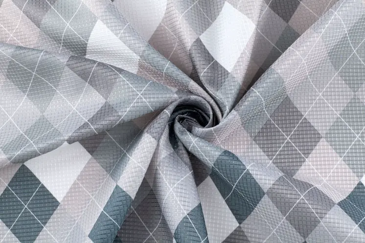 72" Gray And White Argyle Waffle Weave Fabric Shower Curtain and Hooks Set