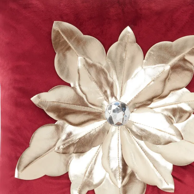 16" Red And Gold Christmas Poinsettia Velvet Throw Pillow