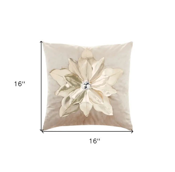 16" Beige And Gold Christmas Poinsettia Velvet Throw Pillow