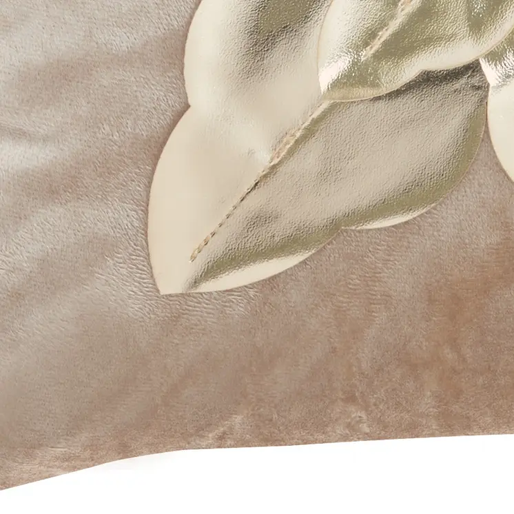 16" Beige And Gold Christmas Poinsettia Velvet Throw Pillow