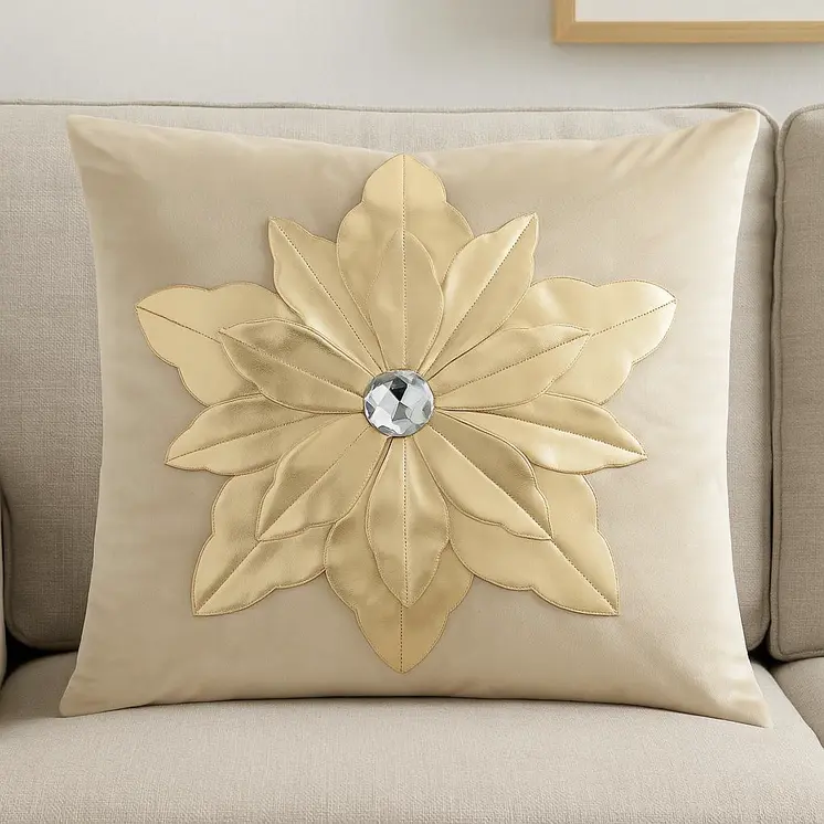 16" Beige And Gold Christmas Poinsettia Velvet Throw Pillow