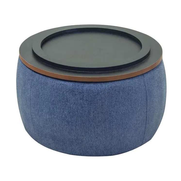 26" Blue and Brown Fabric And Wood Reversible Tray Top Round Storage Ottoman