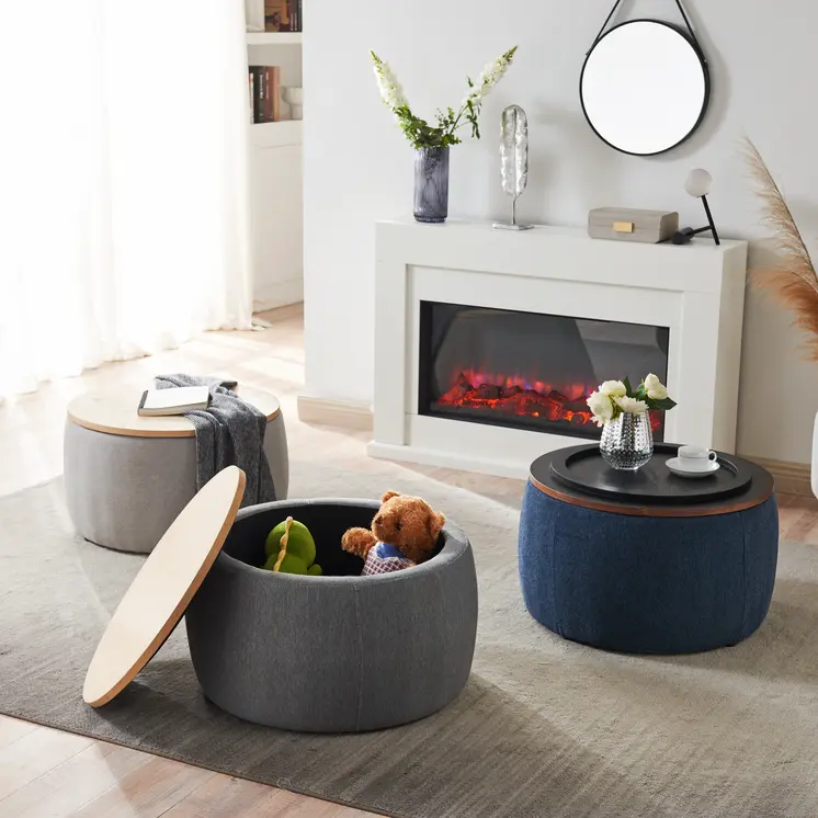 26" Blue and Brown Fabric And Wood Reversible Tray Top Round Storage Ottoman