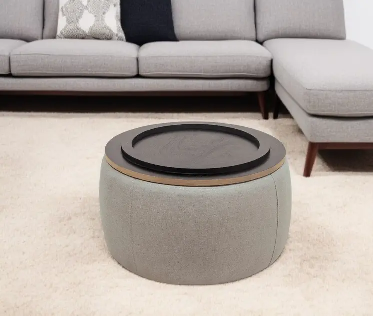 26" Gray and Natural Fabric And Wood Reversible Tray Top Round Storage Ottoman