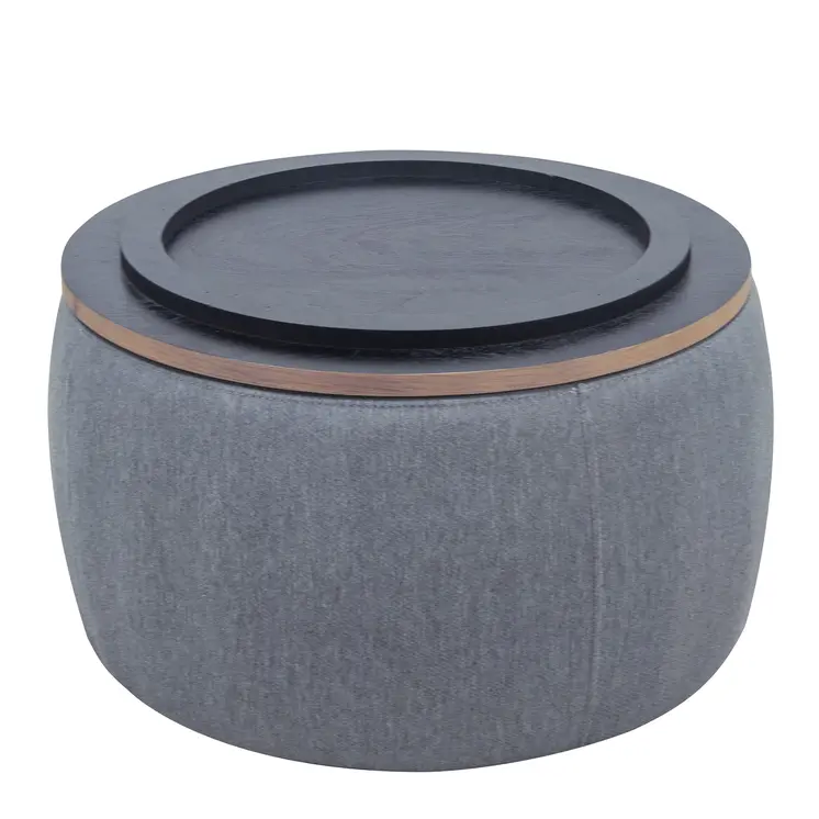 26" Dark Gray and Natural Fabric And Wood Reversible Tray Top Round Storage Ottoman
