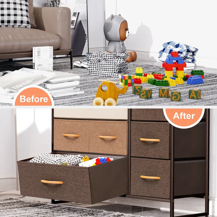 32" Brown Steel and Fabric Seven Drawer Dresser