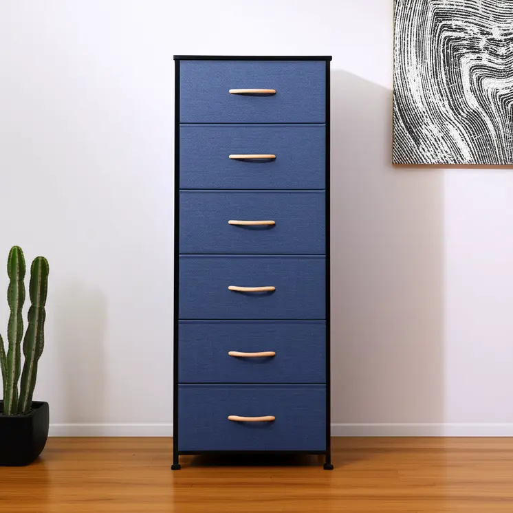 18" Blue and Black Steel and Fabric Six Drawer Chest