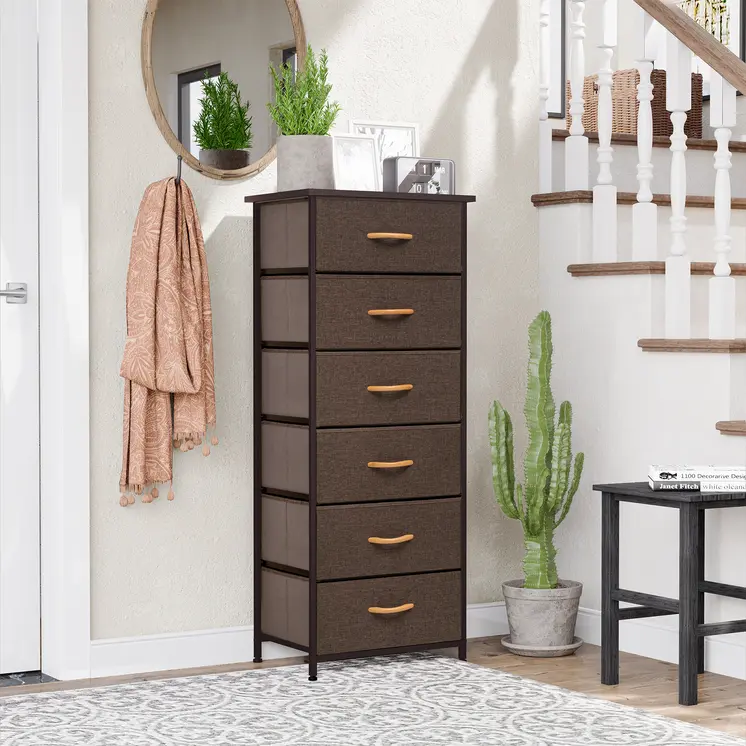 18" Brown Steel and Fabric Six Drawer Chest